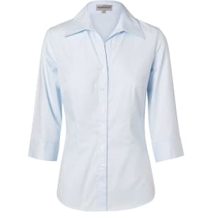 A light blue women's self stripe 3/4 sleeve button-up shirt with a collar, featuring a logo on the label.