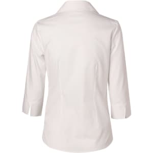 A white women's self-stripe 3/4 sleeve button-up shirt with a tailored fit and a back yoke detail.