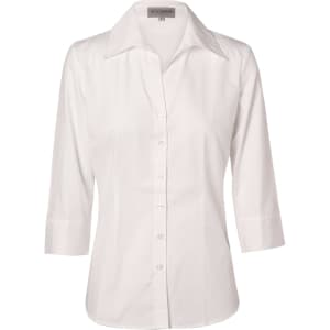 A white women's self-stripe 3/4 sleeve button-up shirt with a collared neckline and a logo.