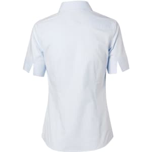 A light blue women's short-sleeve button-up shirt with self-stripe detailing and a branded logo.