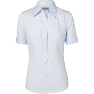 A light blue women's self-stripe short-sleeve button-up shirt with a collar and branding.
