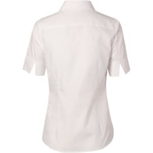 A women's short-sleeve button-up shirt in white with a self-stripe pattern and a logo on the back.