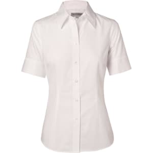 A short-sleeved women's button-up shirt in white with a self-stripe pattern and a collar. Features a logo on the label.