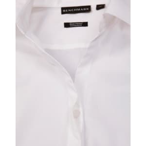 A white long-sleeved button-up shirt with a dobby striped pattern and a brand logo on the label.