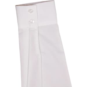 A white striped long-sleeve shirt featuring a button-up collar and two buttons on the cuff. It includes branding details.