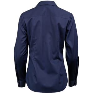 A navy long-sleeve women's button-up shirt featuring a dobby striped design and a logo on the back.