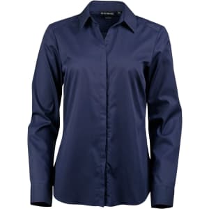 A navy blue button-up shirt with a collar, featuring long sleeves and a sleek, smooth fabric. It has a logo detail.