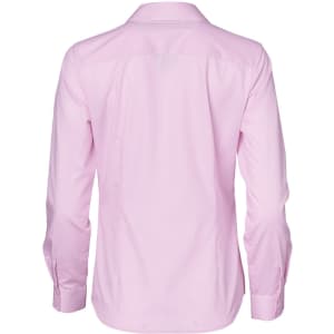 A pink long-sleeve button-up shirt featuring a dobby striped pattern and a brand logo.