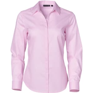 A pink long-sleeve button-up shirt with a dobby striped pattern and a branding label at the collar.