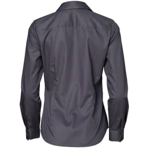 A dark grey long-sleeved button-up shirt featuring a dobby striped pattern and a branded logo.