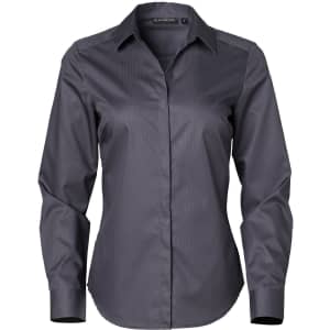 A button-up shirt in dark grey with a dobby striped pattern and a collar. Features long sleeves and a logo.