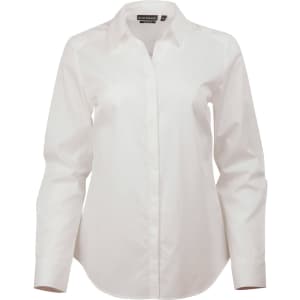 A white button-up shirt with long sleeves and a collar, featuring a logo on the neckline.