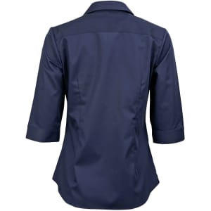 A navy blue 3/4 sleeve button-up shirt with a dobby stripe pattern and a logo.