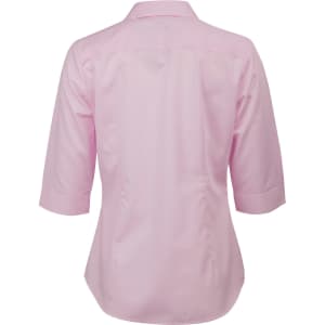 A pink women's button-up shirt with 3/4 sleeves and a fitted design, featuring a logo on the back.