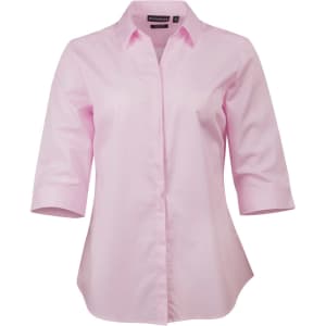 A pink button-up shirt with 3/4 sleeves and a logo on the collar.