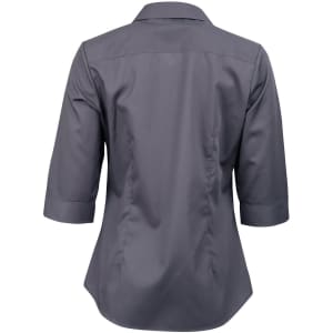 A grey women's button-up shirt with 3/4 sleeves and a dobby striped pattern, featuring a collar and back detailing.