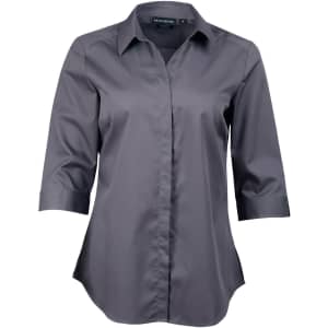 A grey ladies' button-up shirt with a striped pattern and 3/4 sleeves. Features a branded label.