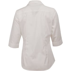 A white, button-up shirt with 3/4 sleeves and a fitted design, featuring a back view and branding on the collar.