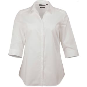 A white button-up shirt with a collar and 3/4 sleeves, featuring a subtle texture and logo.