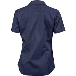 A navy button-up shirt with short sleeves and a dobby striped design on the back. Features a small pocket.