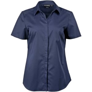 A navy blue short-sleeved button-up shirt with a collar and a logo.