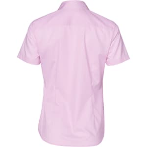 A pink short-sleeved button-up shirt with a striped design and a logo on the back.
