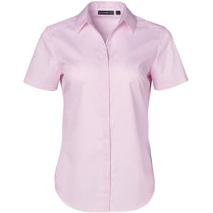 A pink short-sleeved button-up shirt with a Dobby striped pattern and a logo on the collar.