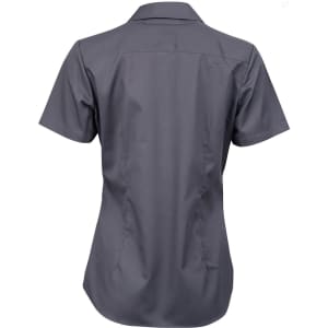 A short-sleeved button-up shirt in dark grey with a fitted silhouette and a subtle striped pattern.