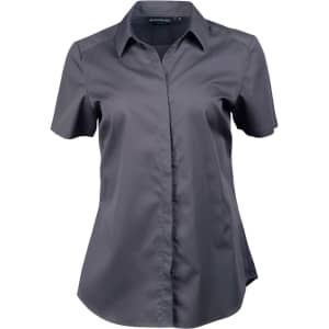 A short-sleeved, button-up shirt in dark grey with a subtle striped pattern and a branded label inside.