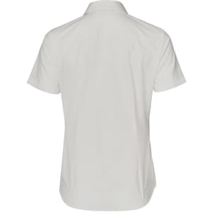 A short-sleeved ladies' shirt in light grey with a button-up front and a logo. Features a dobby striped design.