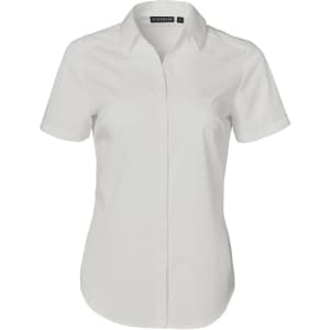 A white short-sleeved button-up shirt featuring a dobby striped pattern and a logo on the collar.