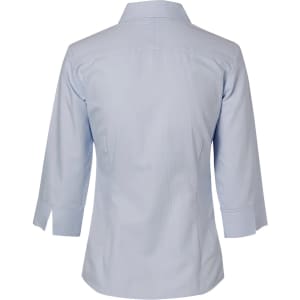 A light blue women's mini herringbone button-up shirt with 3/4 sleeves and a back view design.