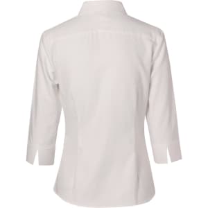 A women's white mini herringbone button-up shirt with 3/4 sleeves and a collared neck. It features a logo on the back.