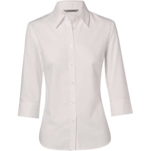 A white women's button-up shirt with a mini herringbone pattern and 3/4 sleeves. Features a collar and buttons down the front.