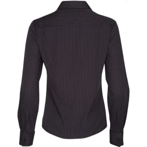A women's long sleeve button-up shirt in dark grey with a dobby stripe pattern, featuring a collar and long sleeves.