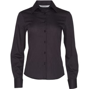 A long-sleeve women's button-up shirt in black with dobby stripes, featuring a collared neckline and button closure.