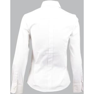 A white women's long sleeve button-up shirt featuring a tuck front design and a collar. The back view is displayed.