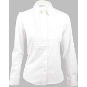 A white long sleeve button-up shirt featuring tuck front detail and a collar, with a branding logo.