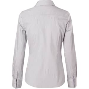 A women's long-sleeve button-up shirt in light blue and white ticking stripes, featuring a collar and back yoke.