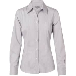 A long-sleeve women's button-up shirt in grey with white ticking stripes and a collared neckline. It features a logo.