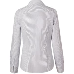 A button-up shirt in white and navy ticking stripes with long sleeves and a classic collar. Features a logo.