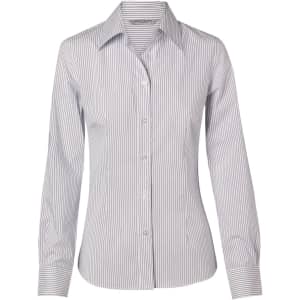 A button-up shirt in blue and white ticking stripes, featuring a classic collar and long sleeves. It has a logo.