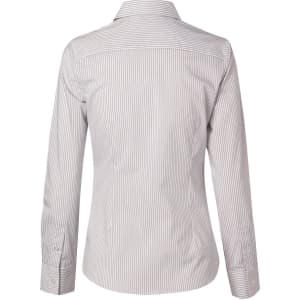 A women's long-sleeve button-up shirt featuring a grey and white ticking stripe pattern, with a collared neck and back yoke.