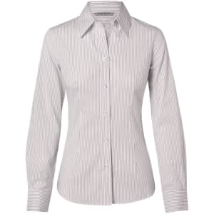 A women's long sleeve button-up shirt with a white and blue ticking stripe pattern. Features a classic collar and branding.