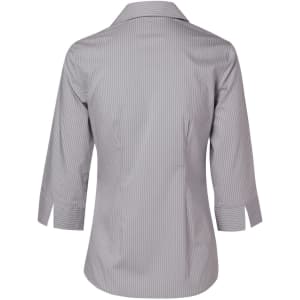 A women's button-up shirt featuring a grey and white ticking stripe design with 3/4 sleeves and a collar.