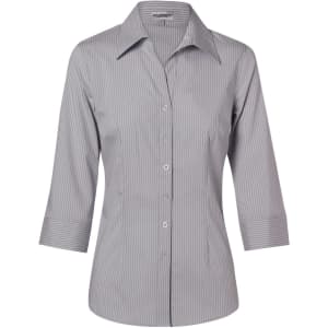 A grey and white striped women's button-up shirt with 3/4 sleeves and a collar. Features a logo.