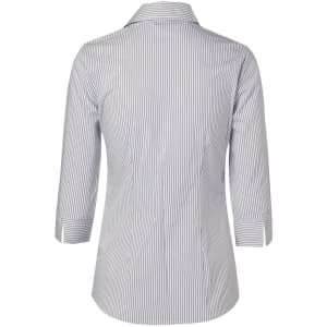 A button-up shirt in a white and navy ticking stripe design, featuring 3/4 length sleeves and a collar.