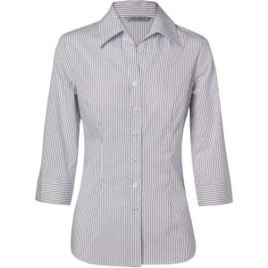 A button-up women's shirt featuring a blue and white ticking stripe design and 3/4 sleeves. It has a collar and buttons.