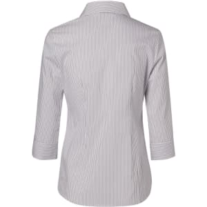 A women's button-up shirt featuring a ticking stripe pattern in grey and white, with 3/4 sleeves and a classic collar.