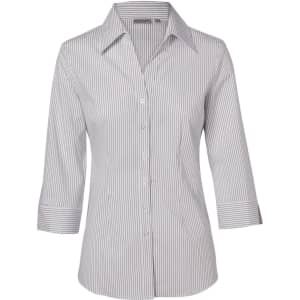 A women's button-up shirt with a ticking stripe pattern in white and navy blue, featuring 3/4 sleeves and a standard collar.